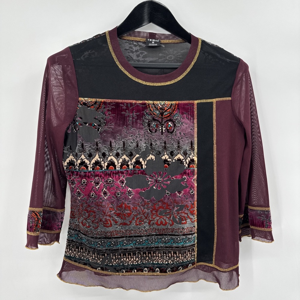 TRIBAL Shirt Mixed-Media Sheer, Size Medium Vintage Bohemian Colorful Floral